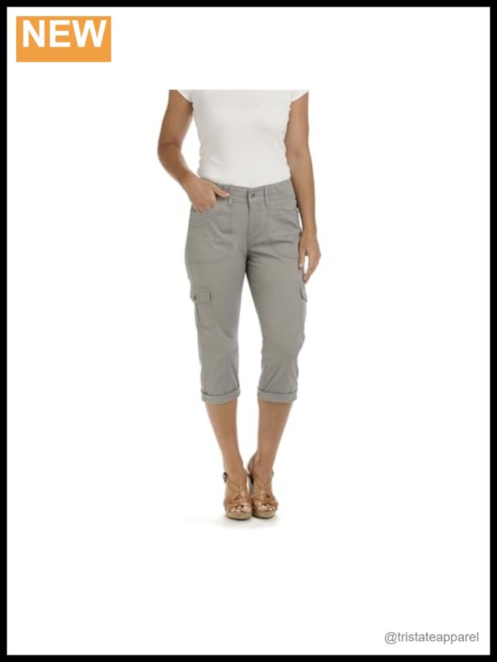 Relaxed Fit Cargo Capri Pants Stretch Twill Knit Waist Roll Hem